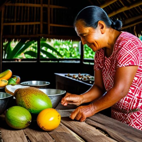 Home 11 An experienced Samoan woman, gracefully aged, in a modest patterned lavalava, gently guiding a young student's hands to grate fresh coconut in a warm, authentic village kitchen. Bowls of vibrant tropical fruits like ripe mangoes and taro are neatly arranged on a rustic wooden table. The scene is bathed in soft, natural light, highlighting traditional cooking tools and a genuine, shared learning moment.