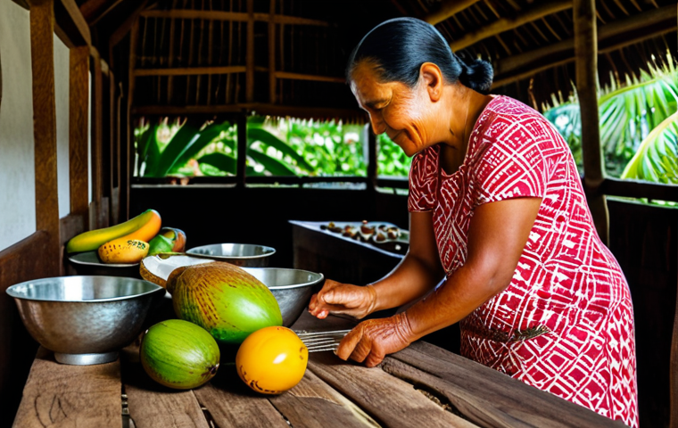 An experienced Samoan woman, gracefully aged, in a modest patterned lavalava, gently guiding a young student's hands to grate fresh coconut in a warm, authentic village kitchen. Bowls of vibrant tropical fruits like ripe mangoes and taro are neatly arranged on a rustic wooden table. The scene is bathed in soft, natural light, highlighting traditional cooking tools and a genuine, shared learning moment.