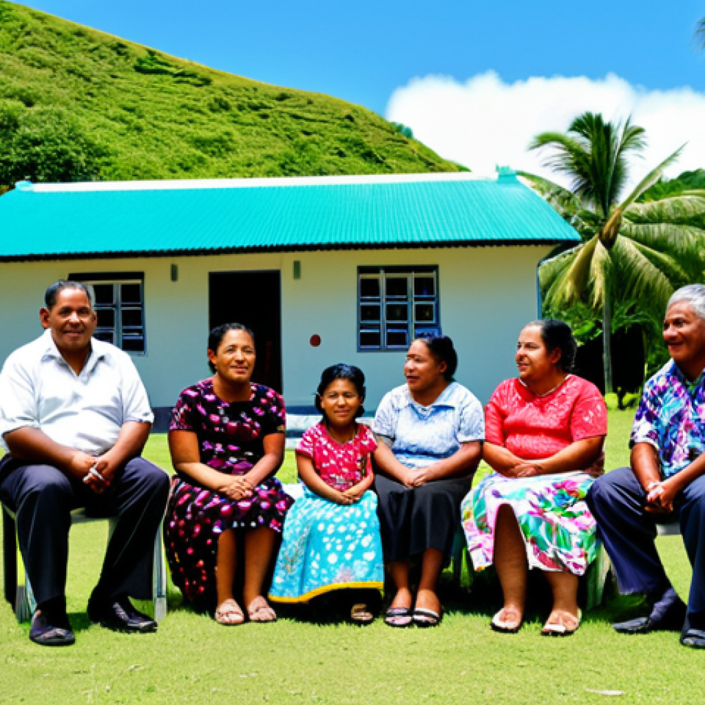 Samoan Family Gathering**

"A large Samoan family, fully clothed in traditional lavalava and modest church attire, gathered outside a white, South Pacific island-style church on a sunny day. The elders are seated, with younger generations standing respectfully behind them. Children are playing a safe, family-friendly game in the foreground. The scene is vibrant and colorful with tropical flowers and lush greenery in the background. safe for work, appropriate content, professional photography, perfect anatomy, correct proportions, natural pose, well-formed hands, proper finger count, natural body proportions, professional, modest, family-friendly, safe environment."

**