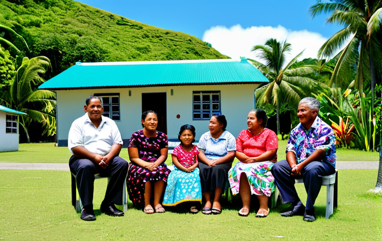 Samoan Family Gathering**

"A large Samoan family, fully clothed in traditional lavalava and modest church attire, gathered outside a white, South Pacific island-style church on a sunny day. The elders are seated, with younger generations standing respectfully behind them. Children are playing a safe, family-friendly game in the foreground. The scene is vibrant and colorful with tropical flowers and lush greenery in the background. safe for work, appropriate content, professional photography, perfect anatomy, correct proportions, natural pose, well-formed hands, proper finger count, natural body proportions, professional, modest, family-friendly, safe environment."

**