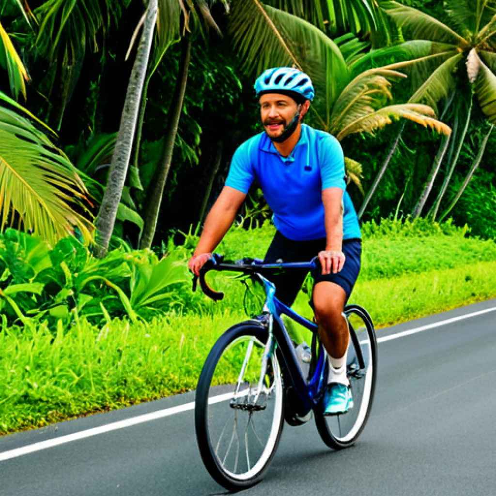 **

"A scenic view of Upolu island in Samoa, showcasing a fully clothed tourist cycling along the coastal road. The cyclist wears modest sports attire and a helmet. Lush green vegetation and clear blue ocean in the background. Safe for work, appropriate content, professional travel photography, perfect anatomy, natural proportions, fully clothed, family-friendly."

**