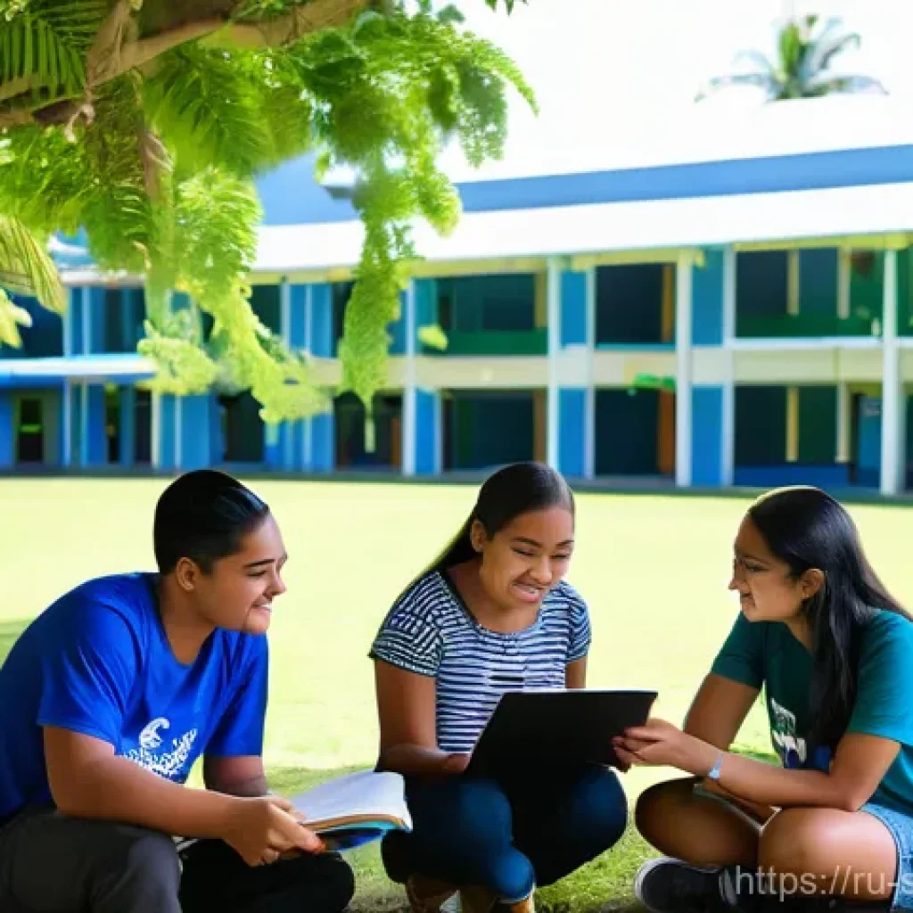 사모아 유학 생활 및 교육 제도 - A group of diverse university students, both local Samoan and international, are cheerfully engaged ...