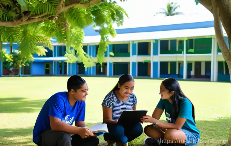 사모아 유학 생활 및 교육 제도 - A group of diverse university students, both local Samoan and international, are cheerfully engaged ...