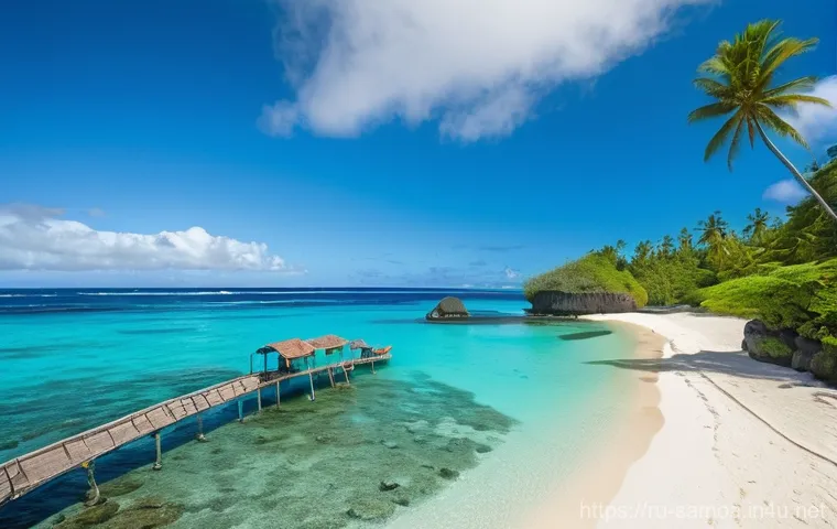 사모아의 주요 섬 특징 비교 - **Upolu: Family Fun at Lalomanu Beach and To Sua Ocean Trench**
    A vibrant, sun-drenched scene sh...
