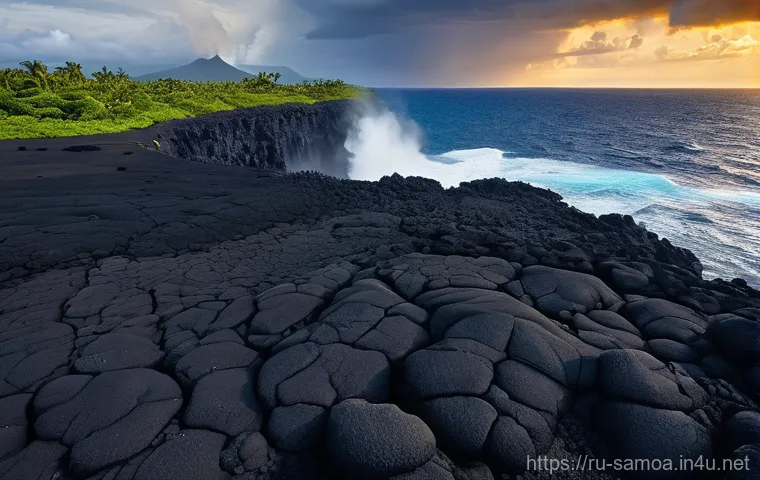 사모아의 주요 섬 특징 비교 - **Upolu: Family Fun at Lalomanu Beach and To Sua Ocean Trench**
    A vibrant, sun-drenched scene sh...