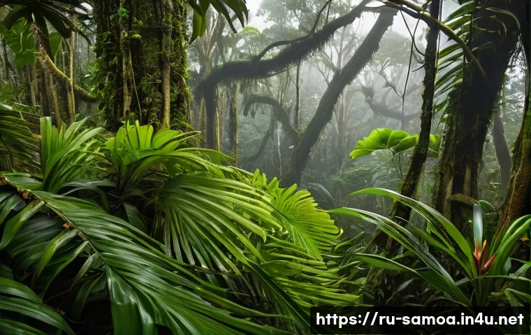 사모아 야생 동물 보호구역 - **Samoan Rainforest Serenity with Flying Fox**
    "A wide-angle, serene view of a pristine Samoan t...