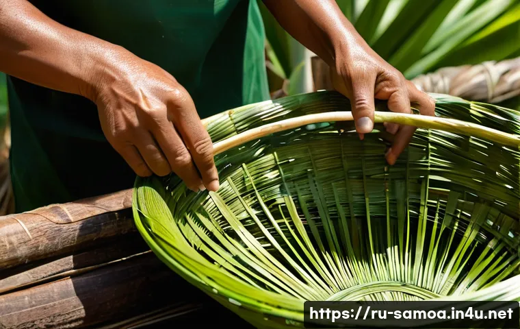 사모아의 전통 바구니 짜기 체험 - A skilled Samoan artisan weaving a large oval basket with a lid, made from light green pandanus and ...