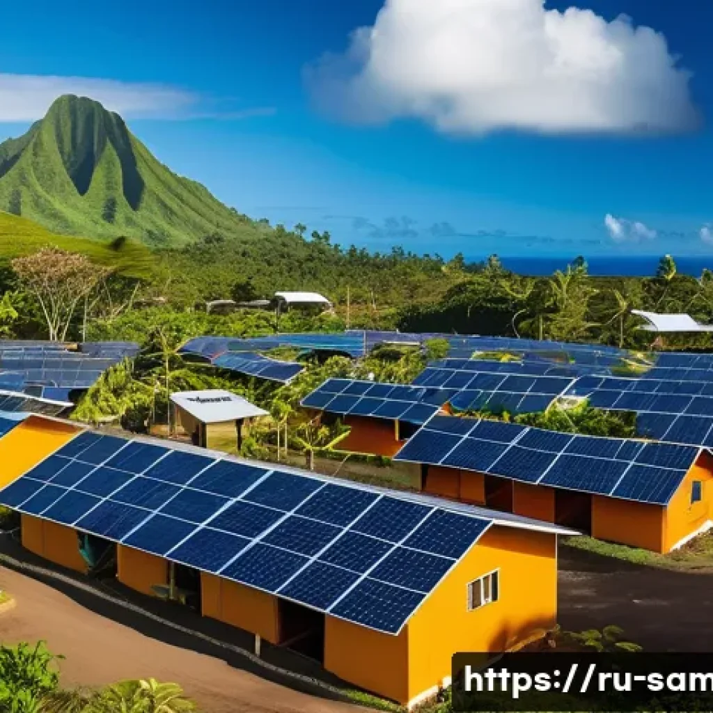 사모아 내 전기 및 인터넷 환경 - A vibrant scene of a modern Samoan village with traditional fale houses equipped with rooftop solar ...