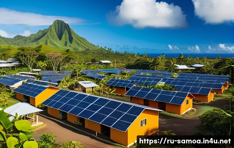 사모아 내 전기 및 인터넷 환경 - A vibrant scene of a modern Samoan village with traditional fale houses equipped with rooftop solar ...