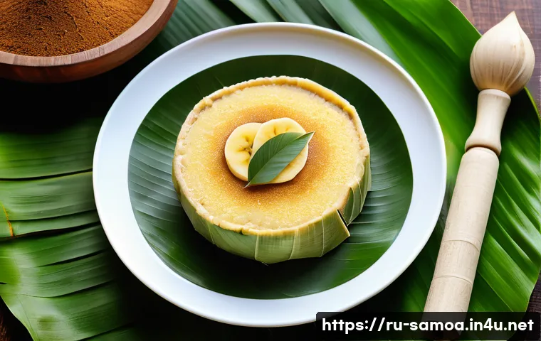 사모아 전통 음식 팔루사미 - A traditional Samoan dish featuring creamy taro root mashed into a smooth texture, mixed with rich c...