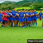 사모아에서 인기 있는 스포츠 럭비 - A dynamic rugby match scene in Samoa showcasing intense team spirit: a group of young Samoan rugby p...
