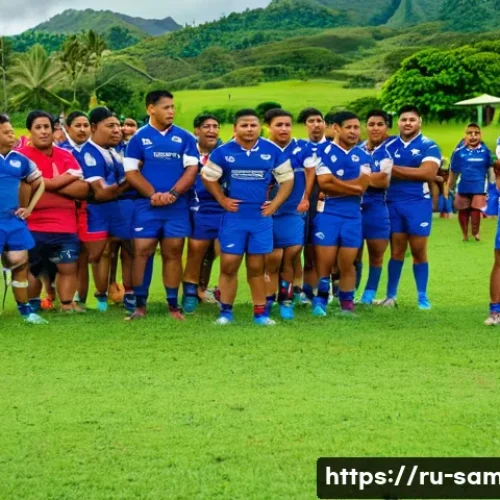 사모아에서 인기 있는 스포츠 럭비 - A dynamic rugby match scene in Samoa showcasing intense team spirit: a group of young Samoan rugby p...