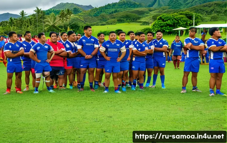 사모아에서 인기 있는 스포츠 럭비 - A dynamic rugby match scene in Samoa showcasing intense team spirit: a group of young Samoan rugby p...