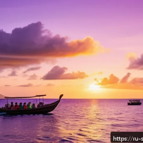 사모아에서 즐기는 선셋 크루즈 - A serene evening cruise scene off the coast of Samoa during sunset, featuring a traditional wooden b...