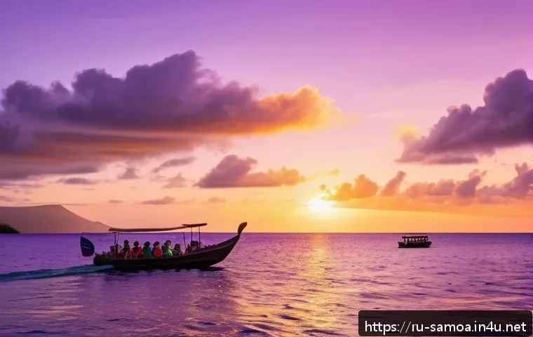 사모아에서 즐기는 선셋 크루즈 - A serene evening cruise scene off the coast of Samoa during sunset, featuring a traditional wooden b...