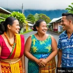 사모아 언어 사모안어 기초 회화 - A vibrant street scene in Samoa showing a friendly local family greeting a tourist with the traditio...