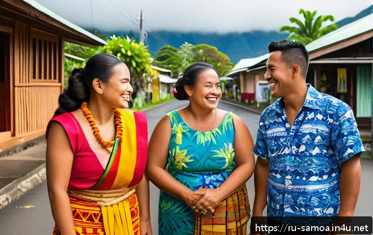 사모아 언어 사모안어 기초 회화 - A vibrant street scene in Samoa showing a friendly local family greeting a tourist with the traditio...